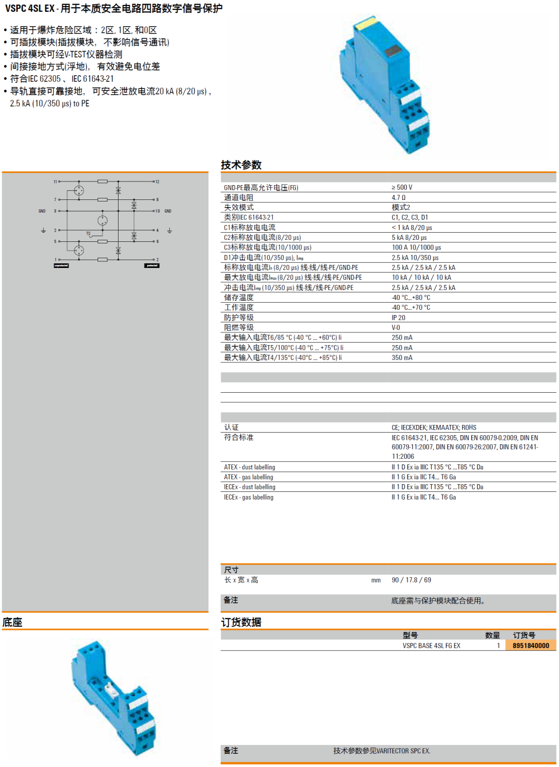 VSPC BASE 4SL FG EX 魏德米勒本質安全電路數(shù)字信號電涌保護器底座解析